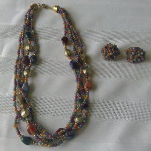 Vintage '80's Necklace & Earrings Beaded Twist, Brown/Multi